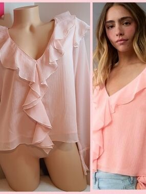 American Eagle Light Pink Chiffon Ruffle Long Sleeve Blouse Size Sm